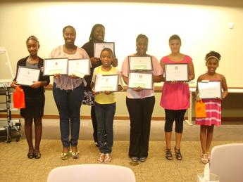 Congratulations Workshop Winners (L to R): Chairmaine Porter, Mock Interview Award; Cierra Santa-Cruz, Miss Professional & Mock Interview Award;Tongela Curry, Mock Interview Award; Kiersten Page, Talent Award; Desha Kemp, Talent and Punctuality Awards; Miranda Miller, Punctuality Award; Jamee McAdoo, Mock Interview Award!